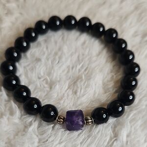 Black Onyx & Amethyst 8mm Beaded Stretch Bracelet Healing Crystal Unisex